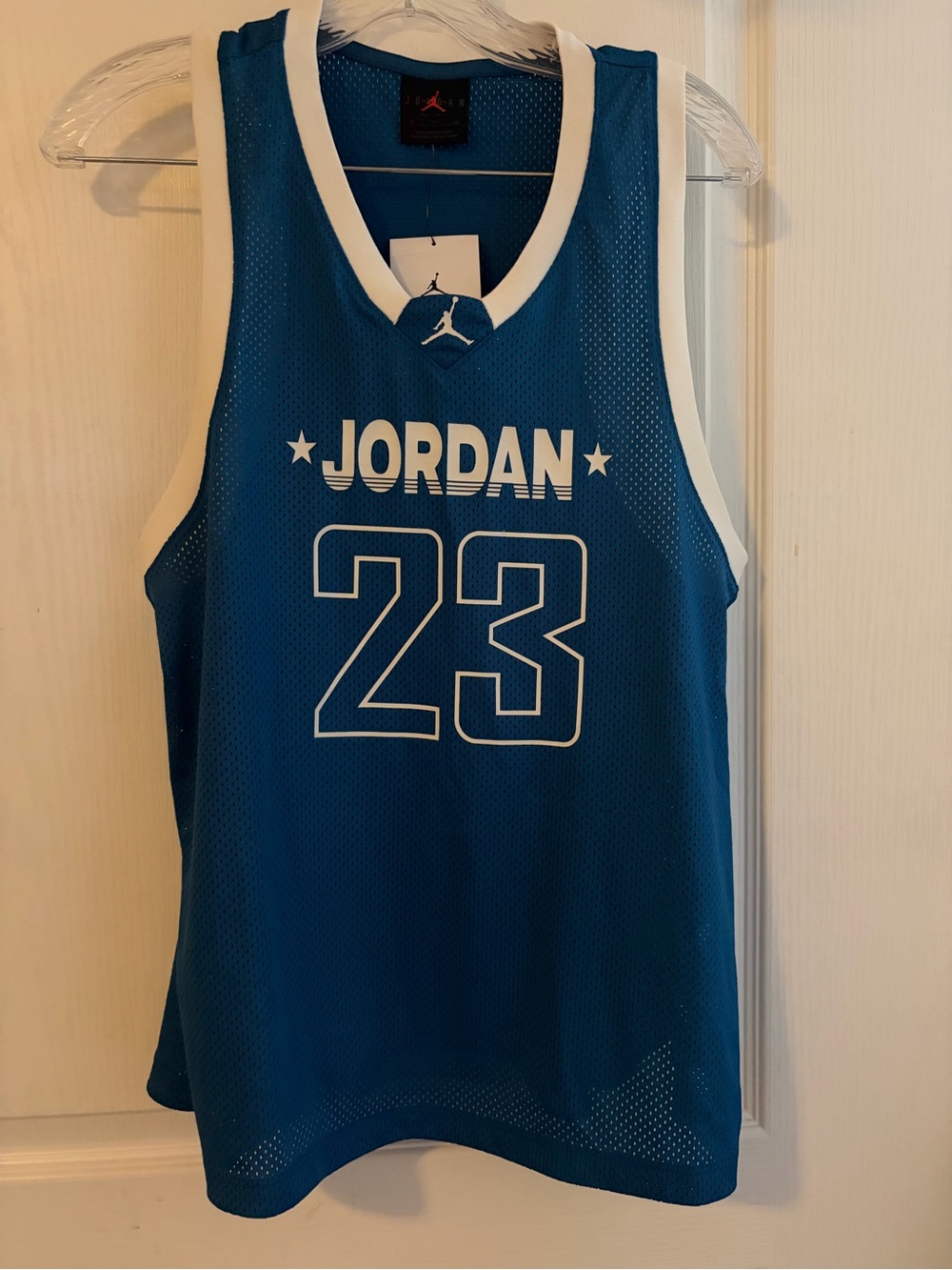 Jordan Blue and White Mesh Basketball Jersey with Red Jumpman